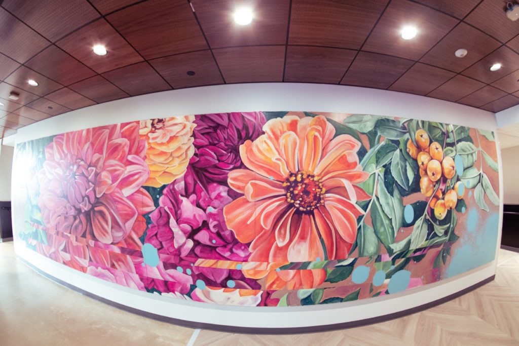 panoramic shot of Miss Birdy floral mural at LinkedIn, copyright by Evan La Ruffa