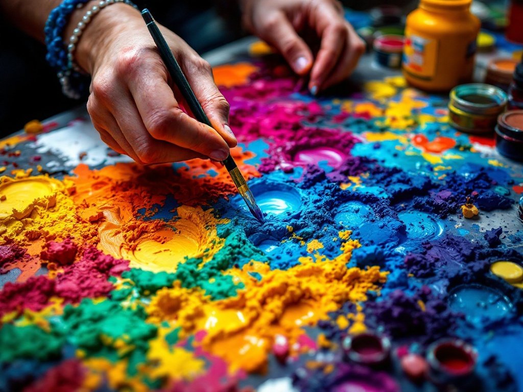 A person using different colors of powdered paint - Color mixing for kids